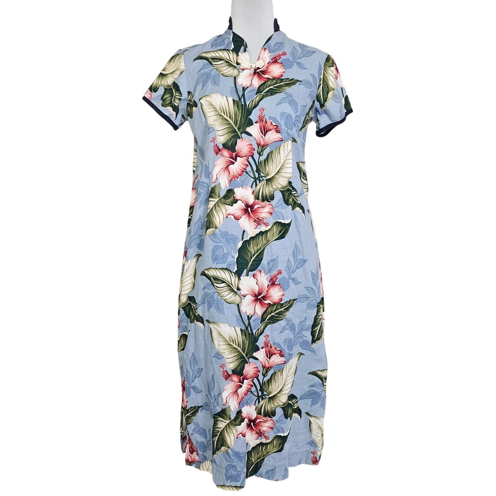 Lauren Michele Honolulu M/L Blue Hibiscus Tropical Cheongsam Maxi Dress Slits